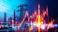 Dynamic Visualization of Power Grid Infrastructure and Digital Data Flow in Urban Environment, Generative AI Royalty Free Stock Photo