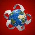 A visually striking image of Earth set against a red background. Silver arrows encircle the globe, Royalty Free Stock Photo