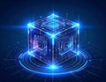 Futuristic digital cube with interconnected networks and blue light effects Royalty Free Stock Photo