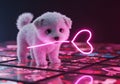 Fluffy Puppy Holding Neon Heart on Illuminated Tiles â Futuristic Love and Digital Pet Concept Royalty Free Stock Photo