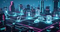 Networked Smart Devices on Neon Grid in Cityscape, Futuristic Technology Royalty Free Stock Photo
