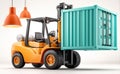 Modern forklift lifting vibrant blue container indoors with industrial lighting Royalty Free Stock Photo
