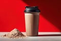 Chocolate Protein Shake in Shaker Cup Next to Powder on Bright Red Background Royalty Free Stock Photo