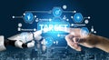 Futuristic Interface Showing Collaboration Between Human Hand And Robot Arm With Target, Resolution, Achievement And Royalty Free Stock Photo