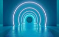 A visually striking neon-illuminated corridor, with a mesmerizing array of glowing concentric rings creating a sense of