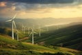 A visually striking, panoramic image of a large wind farm, showcasing rows of towering wind turbines generating clean, renewable