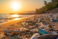 A visually striking photo of a polluted beach with plastic bottles and garbage, urging viewers to reconsider their plastic