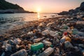 A visually striking photo of a polluted beach with plastic bottles and garbage, urging viewers to reconsider their plastic