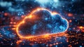 Digital cloud computing icon with glowing blue and orange pixels. Royalty Free Stock Photo