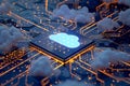 A visually striking representation of cloud computing technology shows a microchip Royalty Free Stock Photo