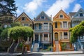 A visually striking scene of a row of houses painted in vibrant colors in San Francisco, Vintage Victorian homes in San Francisco