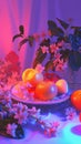 Still life of fruit and flowers with neon lighting Royalty Free Stock Photo