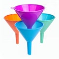 Arrangement of vibrant funnels illustrating liquid transfer process on white background Royalty Free Stock Photo