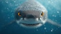close-up of curious shark with bright orange eyes swimming underwater in a surreal ocean scene Royalty Free Stock Photo