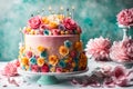 A visually stunning birthday cake with multiple layers, vibrant frosting, and decorative fondant flowers