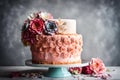 A visually stunning birthday cake with multiple layers, vibrant frosting, and decorative fondant flowers