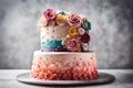 A visually stunning birthday cake with multiple layers, vibrant frosting, and decorative fondant flowers