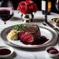 A visually stunning Chateaubriand steak, accompanied by truffle-infused mashed potatoes and a velvety red wine reduction.
