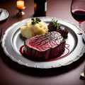 A visually stunning Chateaubriand steak, accompanied by truffle-infused mashed potatoes and a velvety red wine reduction.