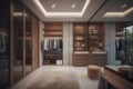 Interior of modern wardrobe with wooden walls and floor. 3d rendering Ai Generative Royalty Free Stock Photo