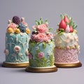 Visually stunning digital illustration of intricately decorated miniature cakes resembling works of art