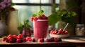 A visually stunning frozen red berry smoothie in an exquisite glass, surrounded, AI generated Royalty Free Stock Photo