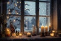 visually stunning holiday scene, with glittering lights and candles on the windowsill, and snowflakes drifting down