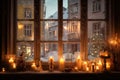 visually stunning holiday scene, with glittering lights and candles on the windowsill, and snowflakes drifting down