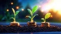 Growing Wealth: Plants on Currency with Flare Light Effects - Money Growth Concept Royalty Free Stock Photo