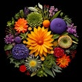 Visually stunning mandala composed of intricately drawn and colorful herbal plant elements