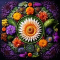 Visually stunning mandala composed of intricately drawn and colorful herbal plant elements