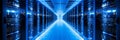 Visually stunning modern data center with state of the art server racks emitting a soft blue glow