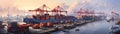 A visually stunning panorama of a container ship being loaded with goods at a busy seaport, with cranes and trucks working in