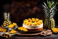 A visually stunning photograph featuring a luscious mango pineapple cream cake adorned with slices of fresh pineapple and mango.