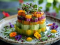 A vegetable terrine, layered with vibrant hues and accented with microgreens and edible flowers. Generative AI