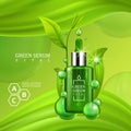 Vital serum dropper bottle decorated with green leaves on juicy green background. Skin care vitamin formula treatment