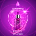 Vital serum dropper bottle on shining purple background. Realistic bottle view with magic vital drops and glitters