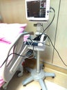 Vital signs monitoring display in ICU showing heart rate, pulse , and blood pressure . Modern medical monitor with ECG