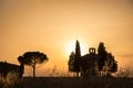 Vitaleta Chapel at sunset, Tuscan landscape near San Quirico d`Orcia, Siena, Tuscany Italy Royalty Free Stock Photo