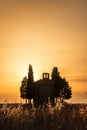 Vitaleta Chapel at sunset, Tuscan landscape near San Quirico d`Orcia, Siena, Tuscany Italy Royalty Free Stock Photo