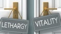 Vitality or lethargy as a choice in life - pictured as words lethargy, vitality on doors to show that lethargy and vitality are