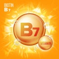 Vitamin B7 Biotin Vector. Vitamin Gold Oil Pill Icon. Organic Vitamin Gold Pill Icon. Medicine Capsule, Golden Substance