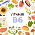 Vitamin B6 card. Frame of organic natural food sources of vitamine B 6. Healthy nutrients circle. Nutritions enriched Royalty Free Stock Photo