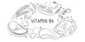 Vitamin B4 Choline. Groups of healthy products containing vitamins. Set of fruits, vegetables, meats, fish and dairy Royalty Free Stock Photo