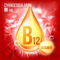 Vitamin B12 Cyanocobalamin Vector. Vitamin Gold Oil Drop Icon. Organic Gold Droplet Icon. For Beauty, Cosmetic, Heath