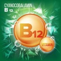 Vitamin B12 Cyanocobalamin Vector. Vitamin Gold Oil Pill Icon. Organic Vitamin Gold Pill Icon. For Beauty, Cosmetic