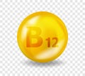 Vitamin B12 Cyanocobalamin. Vitamin complex illustration concept. B12 Cyanocobalamin pill capsule. 3D Yellow drug