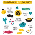 Vitamin B 1 food sources, thiamine. Vector cartoon illustration and information about health benefits of vitamin B 1.