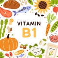 Vitamin B1, frame with vitamine food. Circle of healthy organic vegetables, fruits, fish, nuts and caviar enriched with