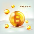 Vitamin B gold shining icon. Ascorbic acid. Shining golden substance drop. Nutrition skin care. Vector
